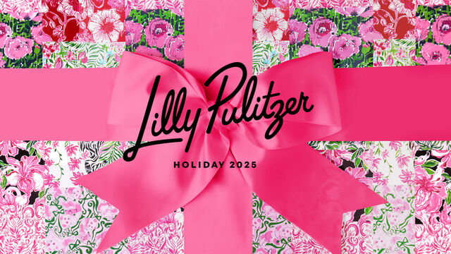 Up close image of gift box with big pink bow and says Lilly Pulitzer Holiday 2025
